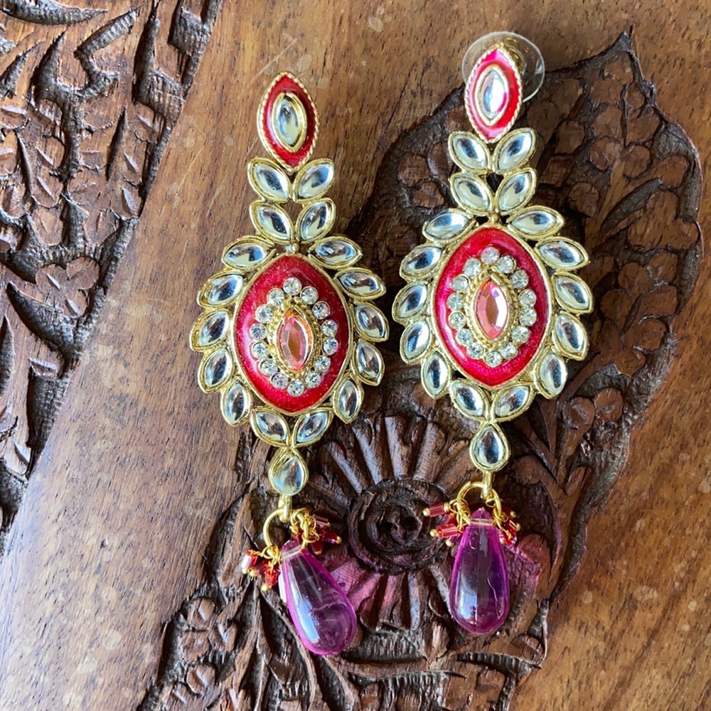 Pink, gold enamel earrings